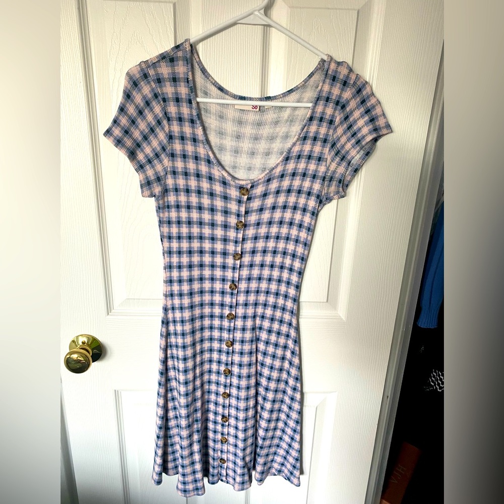 SO pink+blue plaid scoop neck short sleeve dress